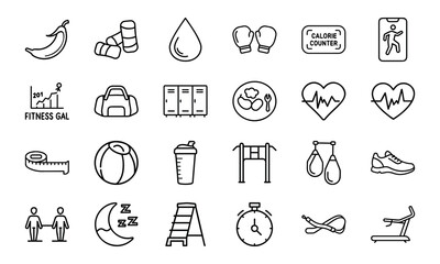 Fototapeta premium Fitness and Healthy Lifestyle Line Icon Set — Gym Equipment, Workout, Nutrition, Health Tracking, Sports Training, Wellness, Cardio, Exercise, Sleep, and Body Care Vector Symbols Collection