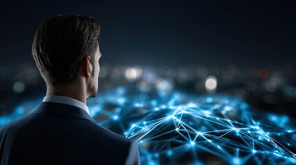 Man observing abstract network illuminated dark background