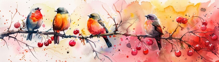 Birds cherries color cute watercolor 4K