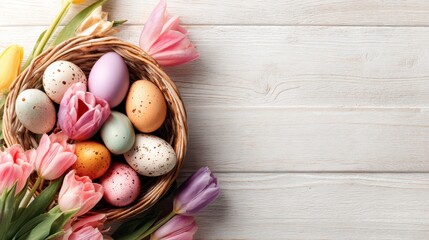 Easter Egg Delight: A charming Easter scene showcasing a woven basket brimming with decorated eggs and a colorful array of tulips. It captures the essence of spring and renewal.
