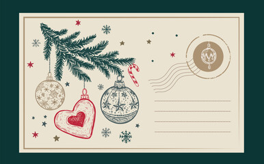 Vintage Christmas and new year postcard with stamps	
