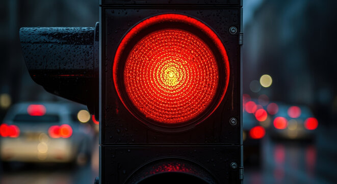 A close-up of an illuminated red traffic light on a rainy day. Wet stop signal on a blurred city street background with bokeh lights. Road safety and transportation concept