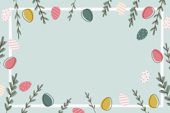 Easter background with a frame of flowers and eggs, with space for text. Beautiful Easter background for holiday designs. Vector illustration for an Easter background.