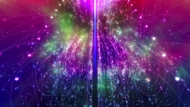 Abstract sparkling space void with vibrant glowing strips and colorful particle trails in motion