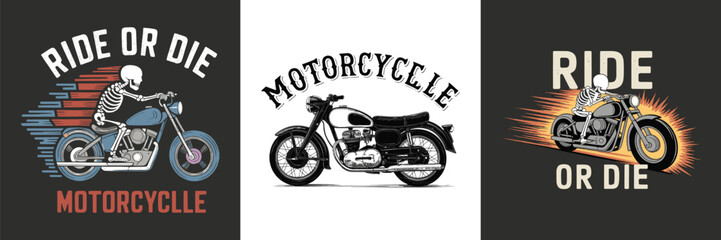 Obraz premium Collection of vintage and custom motorcycle graphics featuring skeleton riders and bold ride or die slogans perfect for apparel