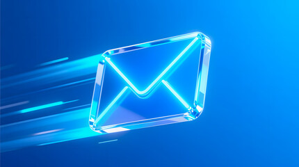 A stylized email envelope icon made of blue light speeding towards a destination on a neon background.