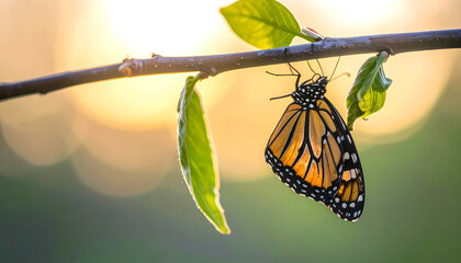 Butterfly perched on leaf with beautiful golden sunlight in sunset and bokeh background.