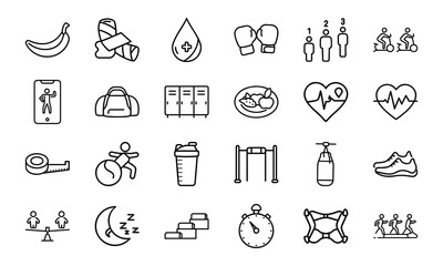 Fototapeta premium Fitness and Healthy Lifestyle Line Icon Set — Gym Equipment, Workout, Nutrition, Health Tracking, Sports Training, Wellness, Cardio, Exercise, Sleep, and Body Care Vector Symbols Collection