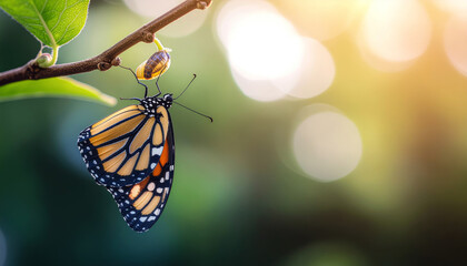 The beauty of butterflies and cocoons on a tree branch with golden light at sunset and a bokeh background