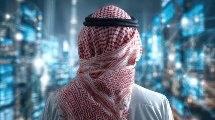 Person in traditional headdress with digital screens background