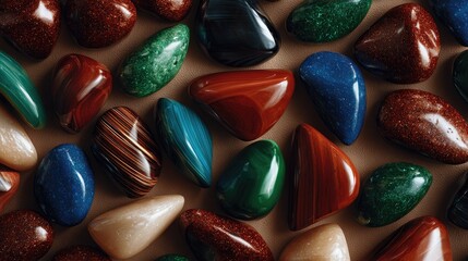 Polished gemstones assortment colorful variety texture background