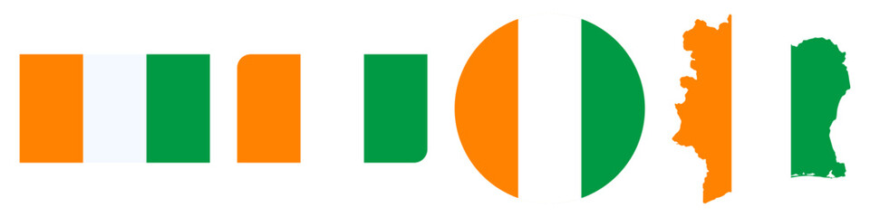 ivory coast circular flag, ivory coast rectangular flag, ivory coast map flag flat icon