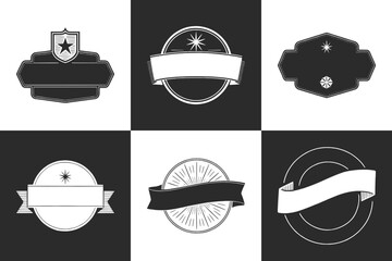 Collection of six vintage retro badge and label designs featuring decorative shields banners and star elements for branding
