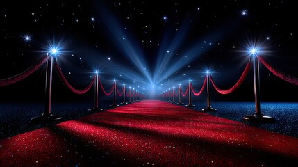 Red carpet event pathway with rope barriers and overhead lighting