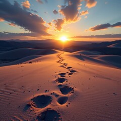 A symbolic journey design showing subtle footprints forming a path toward a glowing horizon represen