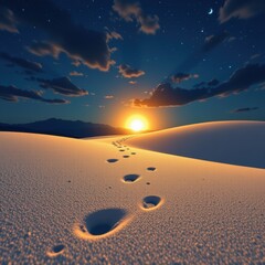 A symbolic journey design showing subtle footprints forming a path toward a glowing horizon represen