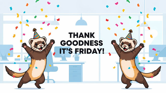 "Thank Goodness It's Friday" Funny Cartoon Ferrets Celebrating in Office