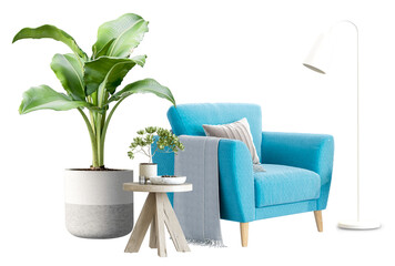 a photograph featuring a comfortable blue armchair complemented by a small side table, lush potted plant, and floor lamp, ideal for interior design inspiration