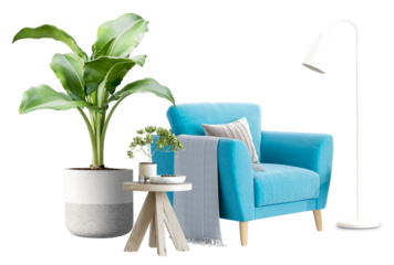 a photograph featuring a comfortable blue armchair complemented by a small side table, lush potted plant, and floor lamp, ideal for interior design inspiration