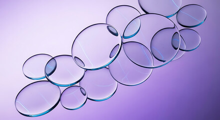 Transparent liquid spheres with blue edges on a purple gradient background bubbles clear