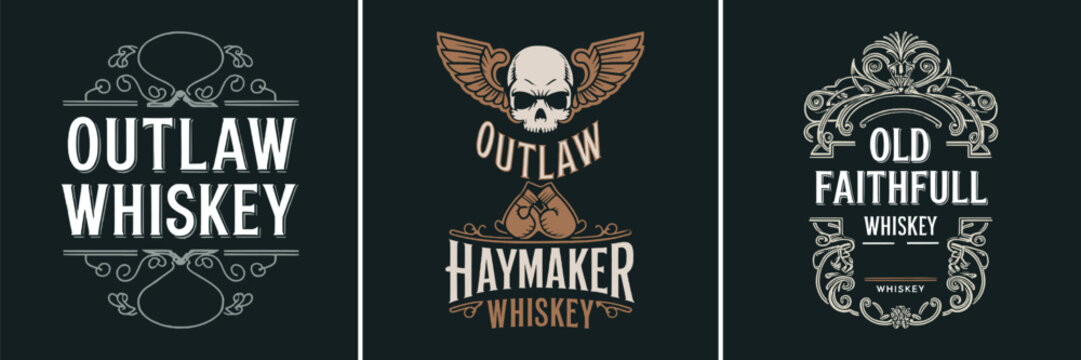 Collection of three vintage whiskey labels featuring stylized lettering outlaw haymaker and old faithfull designs on dark background
