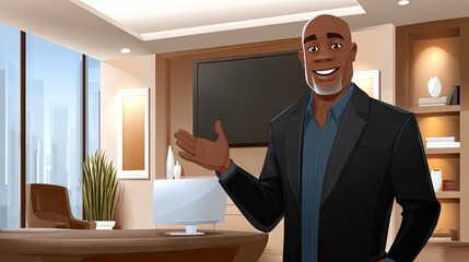 Smiling businessman gesturing in modern office environment