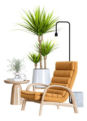 an elegant photograph displaying a modern orange chair alongside lush indoor plants and a contemporary lamp, ideal for interior design presentations.