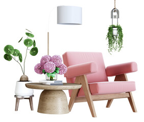 a modern interior design photograph showcasing a pink armchair, floor lamp, round side table, and various potted plants against a transparent background