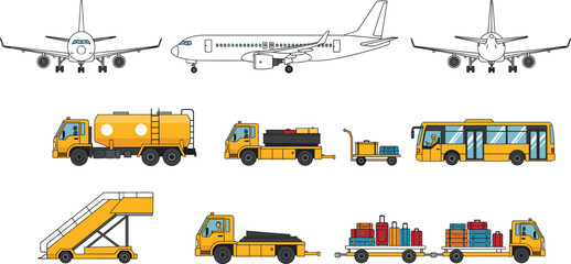 Airport ground service and transportation vector set with airplane fuel trucks buses baggage loaders and service vehicles