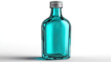 Transparent bottle with teal liquid isolated on white background