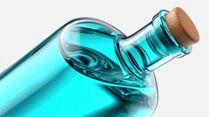 Transparent glass bottle with blue liquid and cork stopper