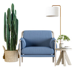 inviting photograph of a blue armchair in a cozy setting with a cactus, side table, and floor lamp, perfect for home decor and interior design concepts.