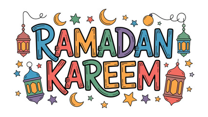 Ramadan Kareem Illustration: Colorful illustration celebrating the holy month of Ramadan, with crescent moons, stars, and lanterns.