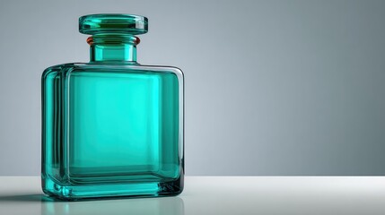Turquoise glass bottle on white surface minimalist design
