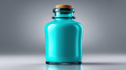 Turquoise glass bottle with cork stopper on gradient background