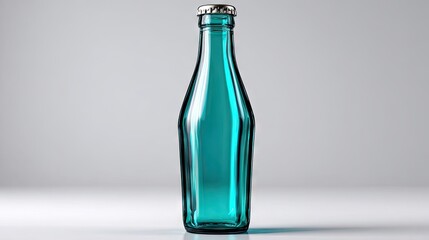 Turquoise glass bottle with metallic cap on white backdrop