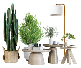 a captivating photograph showcasing a diverse collection of potted plants arranged on stylish tables against a solid black backdrop, ideal for interior design.