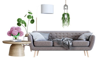 a stylish interior photograph showcasing a gray sofa, floor lamp, round side table, and various potted plants set against a black backdrop