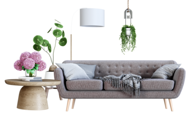 a stylish interior photograph showcasing a gray sofa, floor lamp, round side table, and various potted plants set against a black backdrop