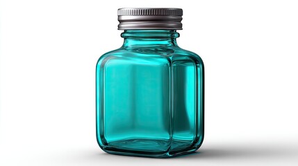 Turquoise glass bottle with metallic lid isolated on white background