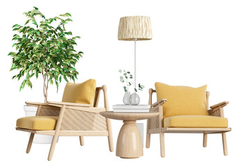 sophisticated photograph of two stylish armchairs complemented by a side table, plant, and floor lamp, enhancing the ambiance of a modern living space.