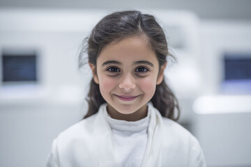 Young Innovator scientist, Clever child teen is smiling in modern learning space filled with light and technology. A symbol of creativity knowledge and power of ideas.