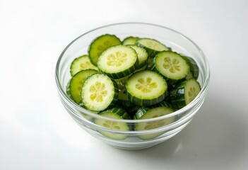 Freshly sliced green cucumber rounds neatly arranged in a clear glass bowl, ready for a healthy meal. armenian cucumber