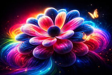 AI generated radiant multicolor flower with layered petals glowing neon hues water droplets sparkling butterflies dark soft background clean space for text suitable for fantasy design