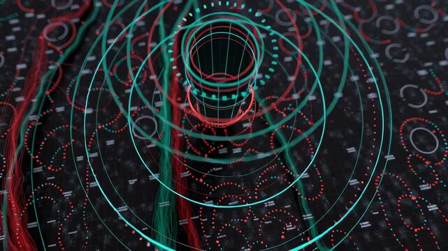 This piece showcases intricate designs of data flows and visual patterns in a virtual space, highlighting the beauty of technology and complexity involved in information processing