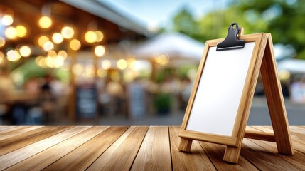 Wooden easel display on table in outdoor restaurant setting