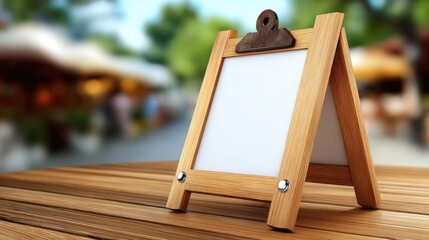 Wooden easel display on tabletop with copy space