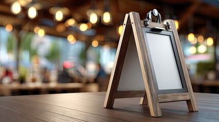 Wooden easel display sign on table with copy space against blurred background