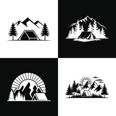 Collection of four black and white vector logos featuring outdoor adventure scenes with tents mountains and pine trees for camping and nature themes © Vectyx