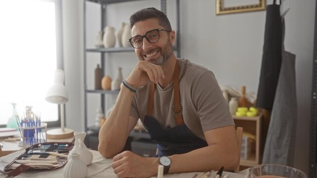 Man with hand on chin at table of pottery tools and ceramic vases in studio, wearing apron and glasses; calm contentment.